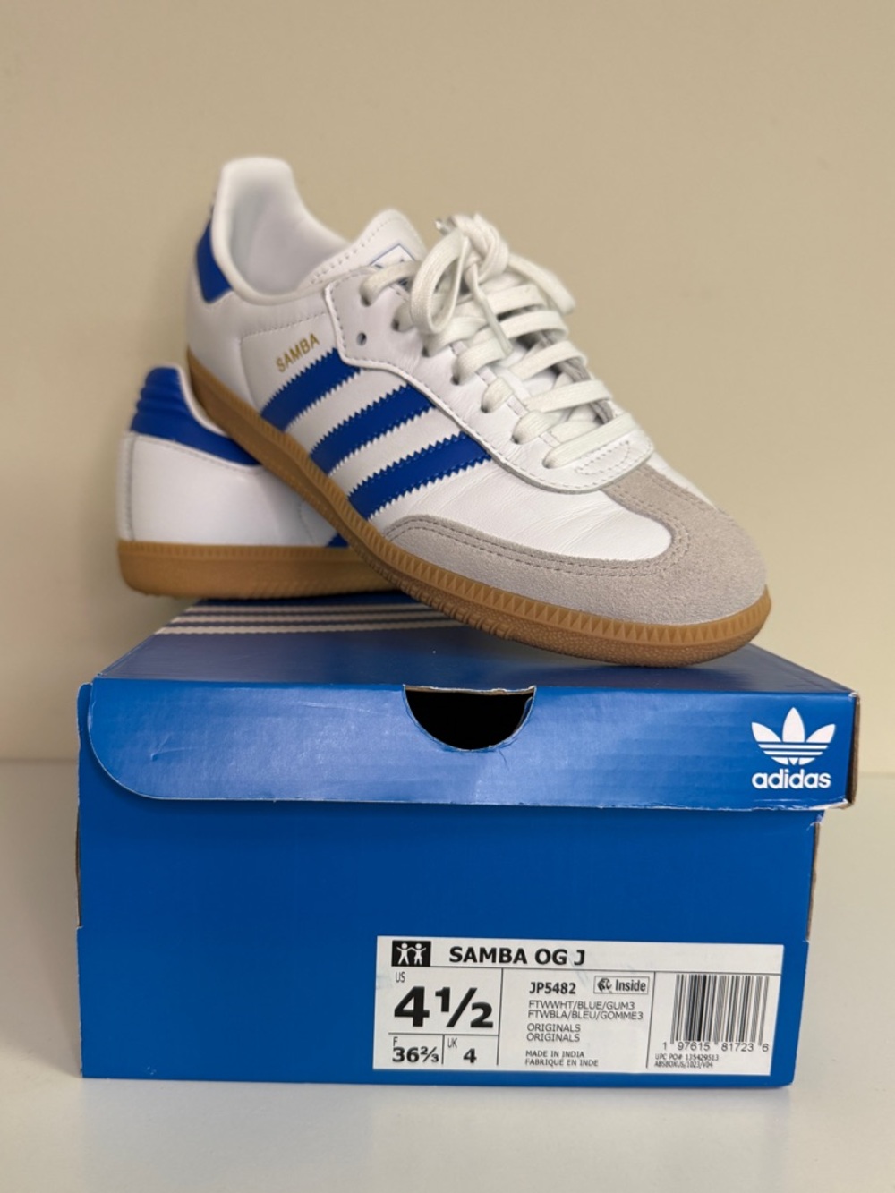 Adidas: Kids' Grade School Samba OG Shoes, Blue / White / Gum Sole, Size Y4.5